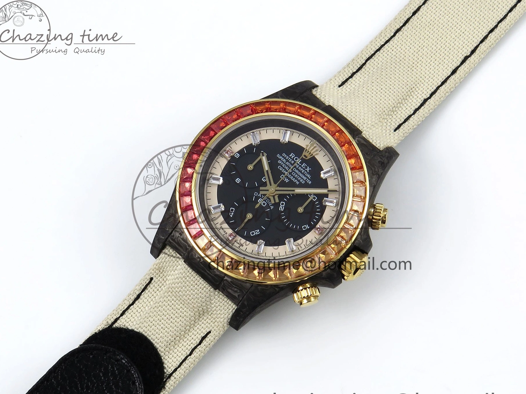 MiroTime 0504 Refined Daytona DIW Carbon Case DIWF Edition Black White Dial Orange Diamonds Bezel on White Nylon Strap A 1668